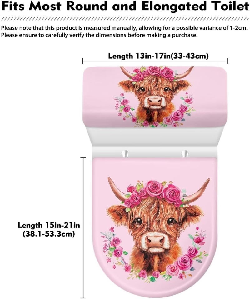 Kathyboom Highland Cow Rose Toilet Lid Cover with Elastic Edge Water Resistant Toilet Seat Covers Reusable Toilet Tank Lid Cover Pink Decorations for Home - Image 5